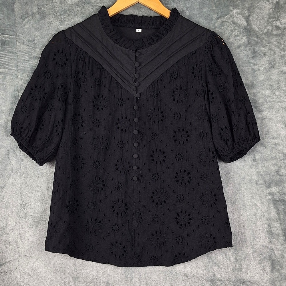 Womens Top Small Black Eyelet Dark Cottagecore Ruffle Whimsigoth Casual Boho